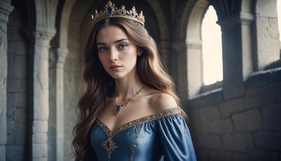 Young queen poses in a medieval castle setting