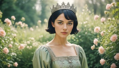 Enchanted woman in green dress among blooming roses