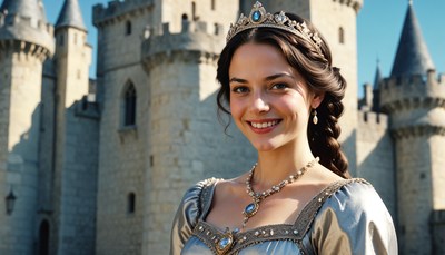 Princess posing in front of a castle on a sunny day