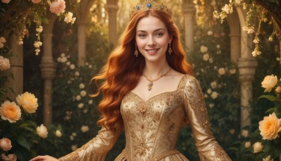 Golden princess in a floral garden at sunset