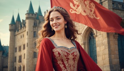 Young woman in regal attire stands near castle with flag