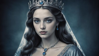 Portrait of a regal woman with a crown and elegant gown