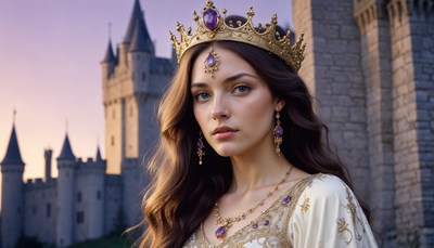 Regal woman in elaborate attire near a grand castle
