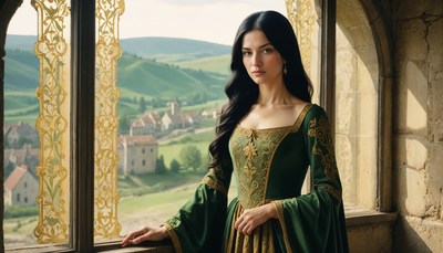 Elegant woman in historical dress by a countryside window