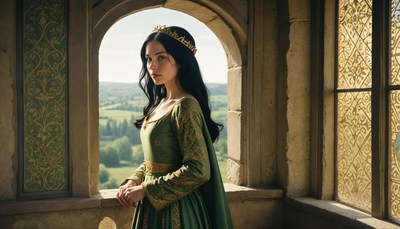 Woman in medieval attire gazes from castle window