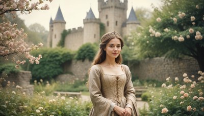 Young girl in elegant dress near castle gardens