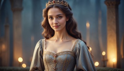 Young woman in elegant gown with crown in historic setting