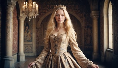 Elegant princess in ornate castle hall during golden hour