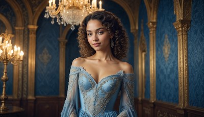 Young woman in elegant blue gown poses in opulent room