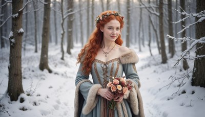 Enchanting woman in winter forest with flowers