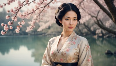 Elegant woman in traditional attire by cherry blossom trees
