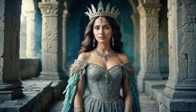 Elegant ice queen in a mystical castle setting