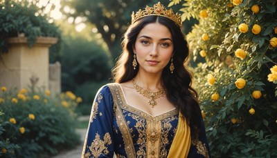 Elegant woman in royal attire surrounded by flowers