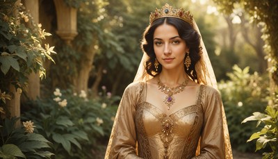 Elegant queen in a lush garden during golden hour