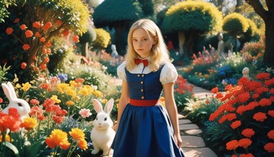Young girl walks through vibrant flower garden with rabbits