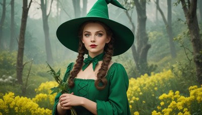 Enchanted forest witch with vibrant green attire and hat