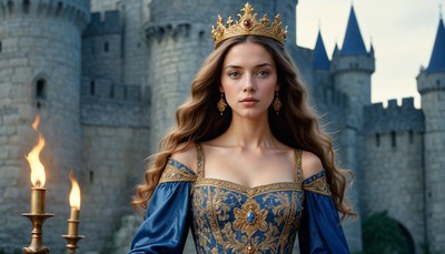 Majestic queen standing by castle at twilight