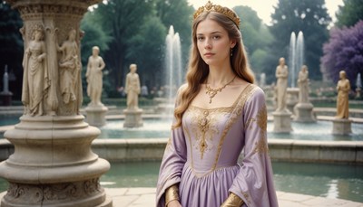 Elegant princess standing by a fountain in a garden