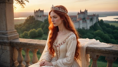 Elegant woman with red hair gazing at a sunset landscape