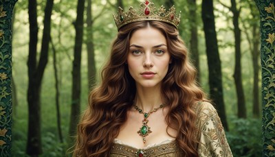 Enchanted queen standing in a mystical forest setting