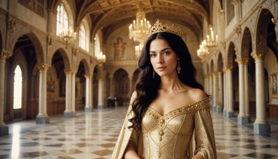Elegant queen stands in grand hall with chandeliers