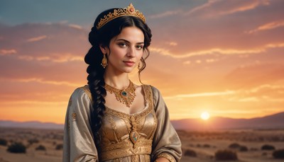 Elegant woman in historical attire against a desert sunset
