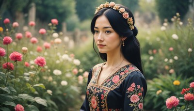 Woman in floral dress surrounded by blooming flowers
