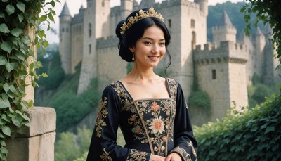 Elegant woman in historical attire near ancient castle