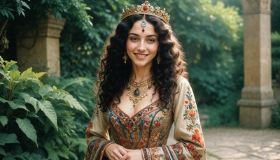 Beautiful woman in royal outfit surrounded by greenery
