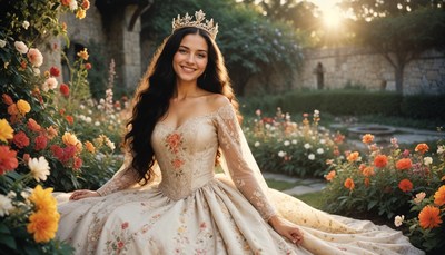 Beautiful woman in floral gown enjoying a garden setting