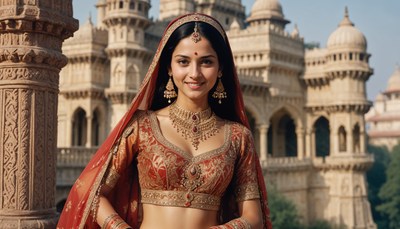 Elegant woman in traditional attire poses at historic palace