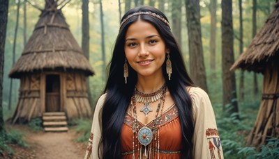 Young woman wearing traditional attire in forest setting