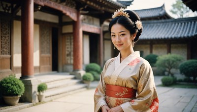 Elegant young woman in traditional attire at historic garden