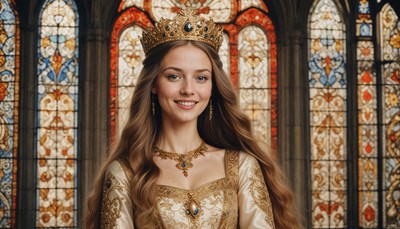 Young woman in royal attire poses in ornate setting
