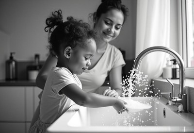 Mother and daughter enjoying time while washing dishes