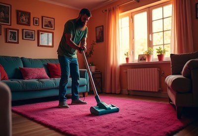 Man vacuums living room carpet in cozy home setting