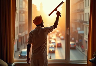 Worker cleaning a window at sunset in a city