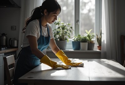 Woman cleaning table in a sunlit kitchen