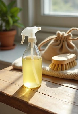 Cleaning supplies on a wooden table with sunlight