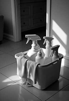 Cleaning supplies resting in a basket by a sunny door