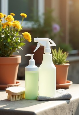 Cleaning supplies arranged on outdoor surface in sunlight
