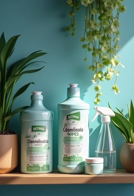 Cleaning supplies on a wood shelf in a bright room