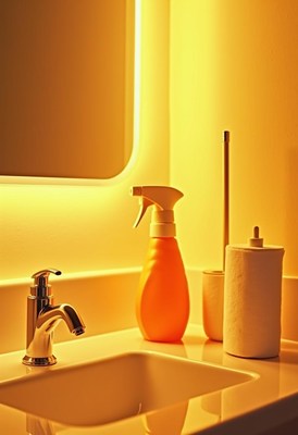 Brightly lit bathroom with cleaning supplies and sink