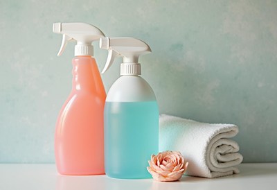 Cleaning supplies and a towel with a flower decoration