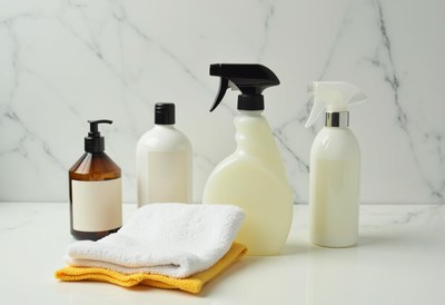 Cleaning supplies arranged on a countertop for organization