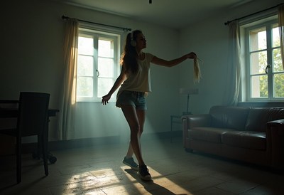 Dancing girl in sunlit room with soft shadows