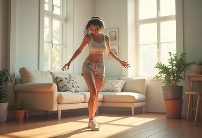 Young woman dancing in cozy living room during daylight