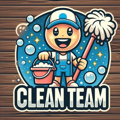 Friendly character with cleaning tools