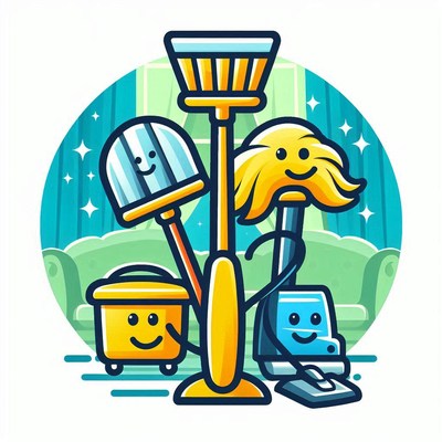 Cleaning tools with cheerful faces in a bright living room