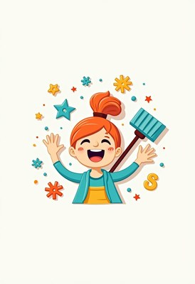 Happy girl with a broom celebrating under confetti